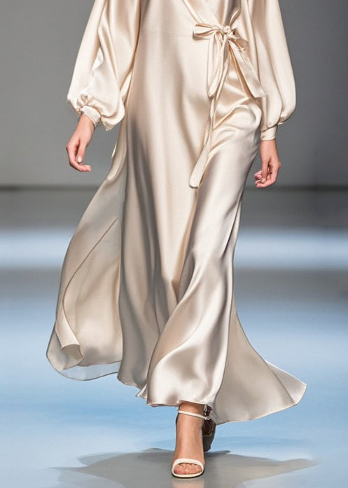 Champagne Cold Shoulder Tie Waist Silk Maxi Dresses Spring