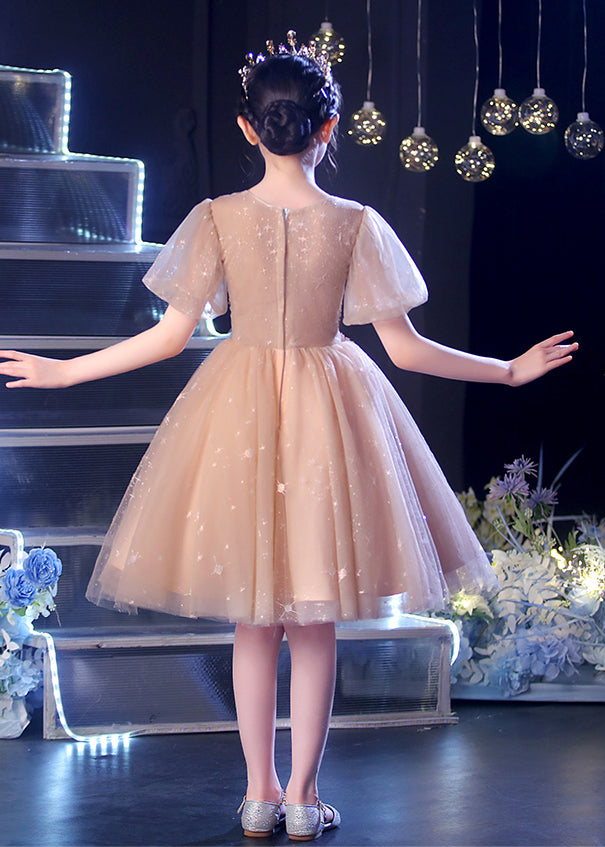 Champagne Puff Sleeve Sequins Tulle Kids Dress Summer