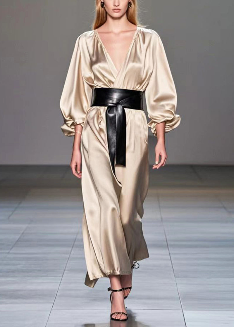 Champagne V Neck Cinched Silk Holiday Dress Spring