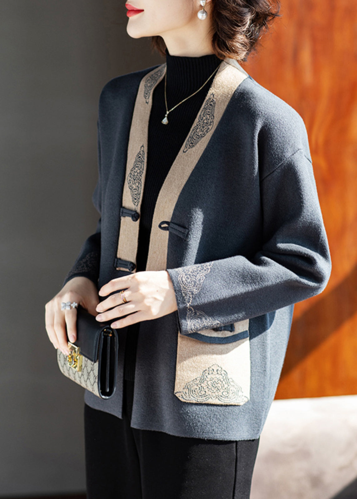 Charcoal Grey V Neck Print Pockets Woolen Coat Spring