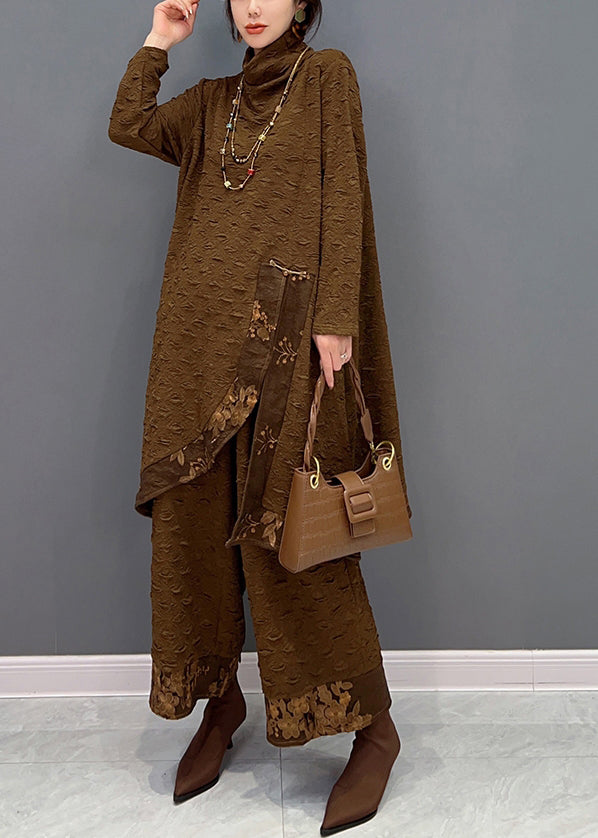 Chocolate Turtleneck Print Top and Pants Two Pieces Set Fall