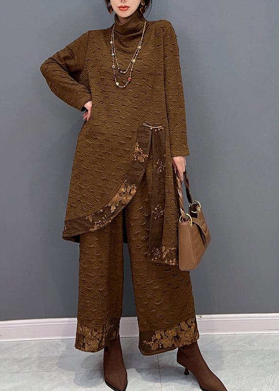 Chocolate Turtleneck Print Top and Pants Two Pieces Set Fall