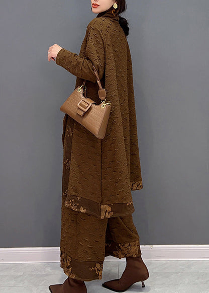 Chocolate Turtleneck Print Top and Pants Two Pieces Set Fall
