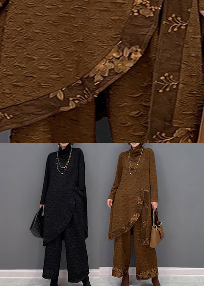 Chocolate Turtleneck Print Top and Pants Two Pieces Set Fall