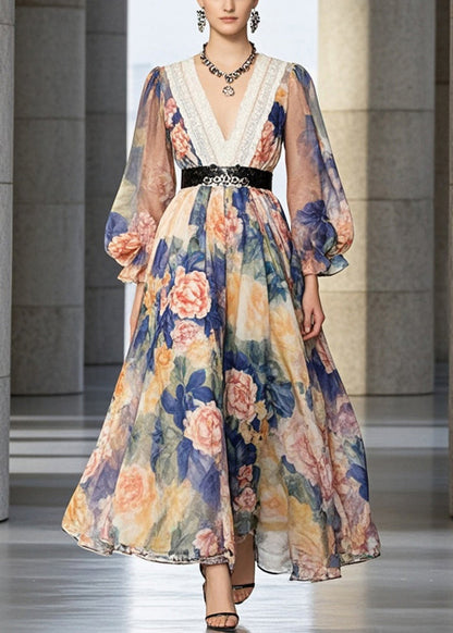 Cinched Flower Print Chiffon Holiday Dress Fall