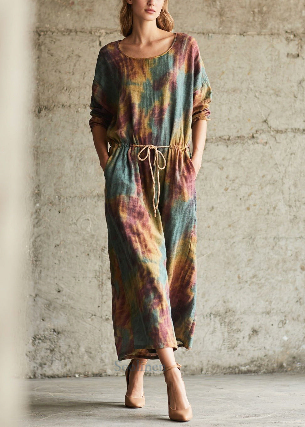 Cinched Tie Dye Cotton Holiday Dress Fall