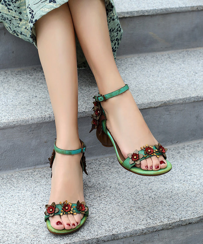 Coffee Cowhide Leather Flower Peep Toe Buckle Strap High Heel Sandals
