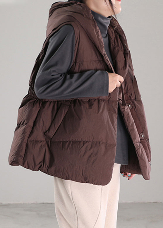 Coffee Drawstring Duck Down Hooded Waistcoat Winter
