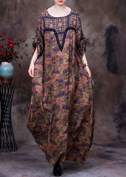 Coffee O-neck Lace Patchwork Print Silk Dresses Long Sleeve