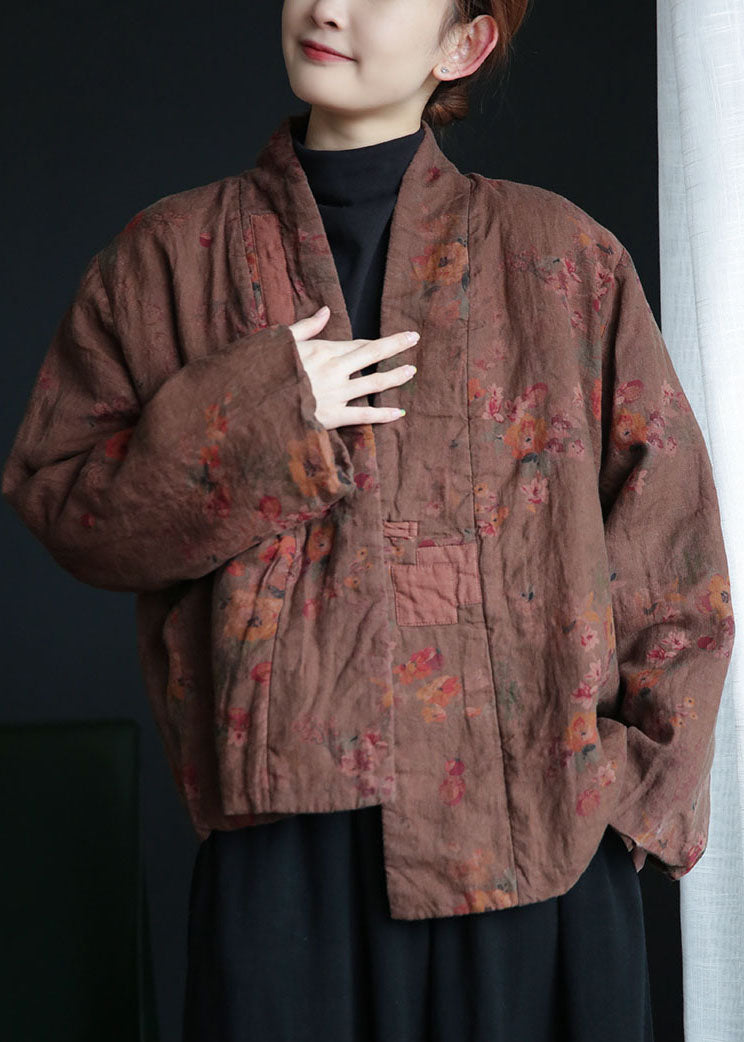 Coffee Oriental Button Patchwork Print Fine Cotton Filled Coats Winter