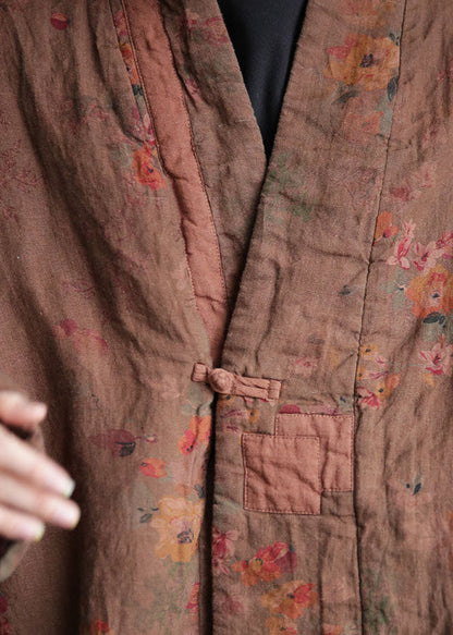 Coffee Oriental Button Patchwork Print Fine Cotton Filled Coats Winter
