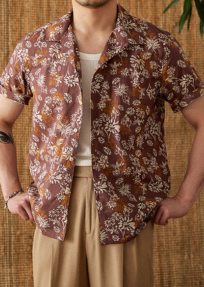 Coffee Peter Pan Collar Print Button Cotton Shirts Summer