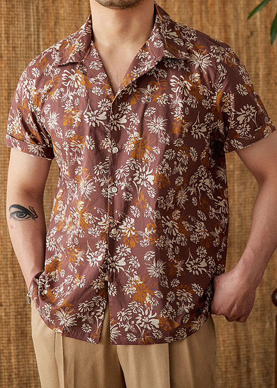 Coffee Peter Pan Collar Print Button Cotton Shirts Summer