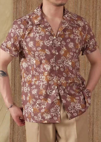 Coffee Peter Pan Collar Print Button Cotton Shirts Summer