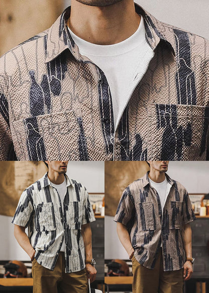 Coffee Peter Pan Collar Print Cotton Shirts Summer