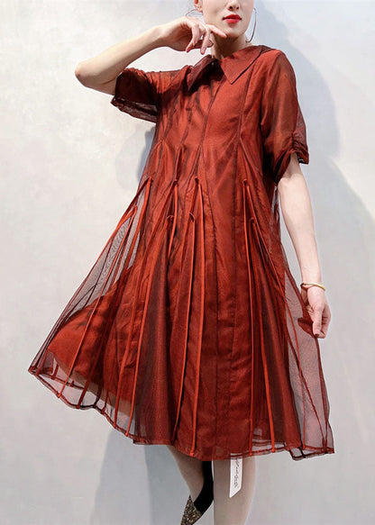 Coffee Peter Pan Collar Wrinkled Patchwork Tulle Dress Summer