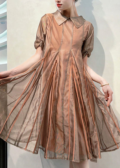 Coffee Peter Pan Collar Wrinkled Patchwork Tulle Dress Summer
