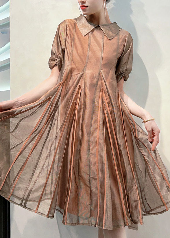Coffee Peter Pan Collar Wrinkled Patchwork Tulle Dress Summer