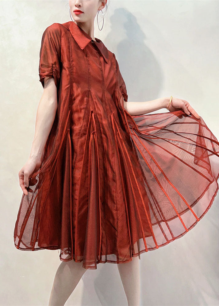 Coffee Peter Pan Collar Wrinkled Patchwork Tulle Dress Summer