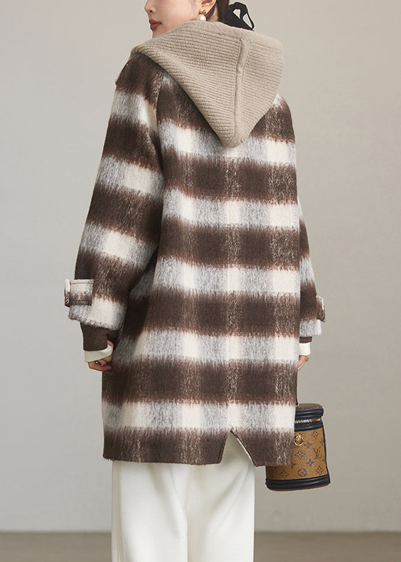 Coffee Plaid Hooded Patchwork Woolen Coats Spring