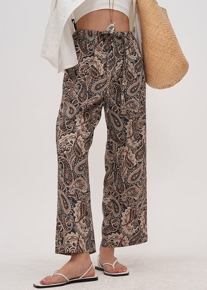 Coffee Print Drawstring Cotton Crop Pants Summer