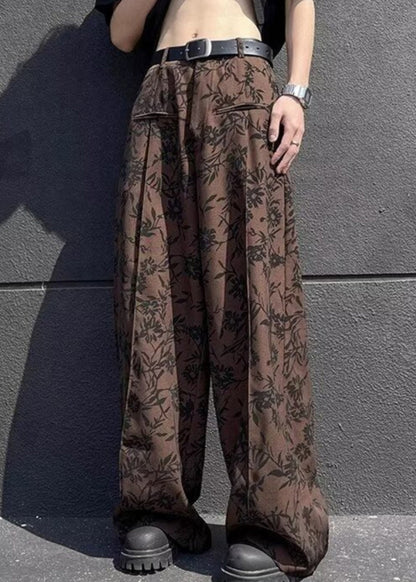 Coffee Print High Waist Cotton Wide Leg Pants Summer