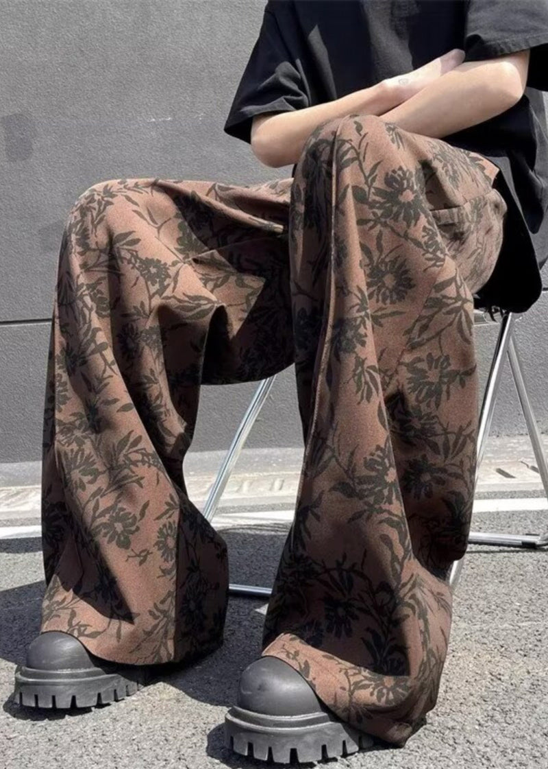 Coffee Print High Waist Cotton Wide Leg Pants Summer