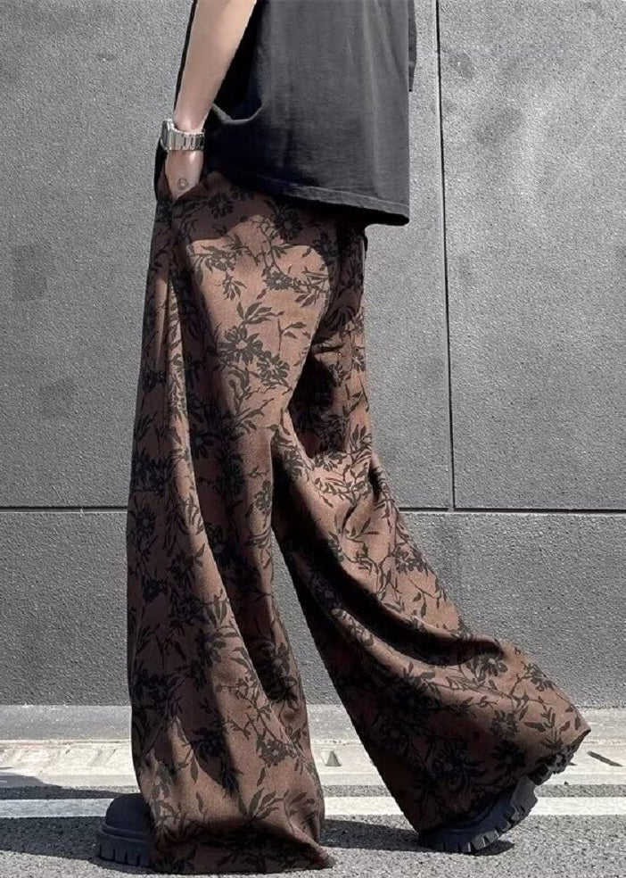 Coffee Print High Waist Cotton Wide Leg Pants Summer
