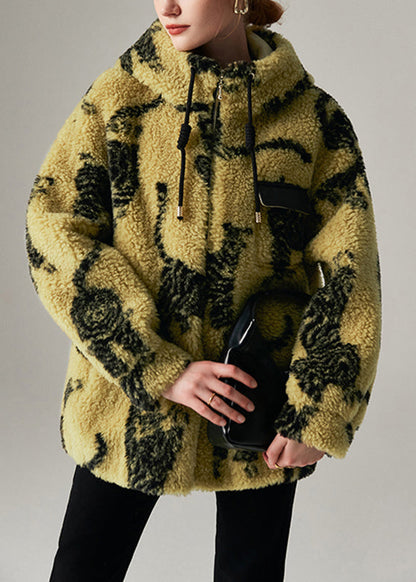 Coffee Stand Collar Drawstring Print Woolen Coat Winter
