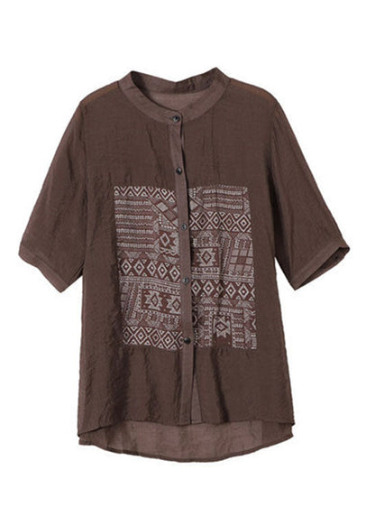 Coffee Stand Collar Print Patchwork Cotton Top Short Sleeve
