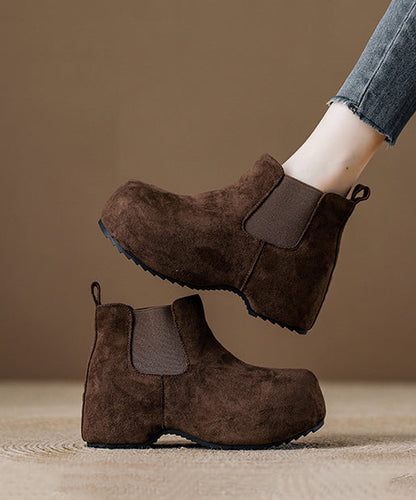Coffee Suede Splicing Boots Fuzzy Wool Lined