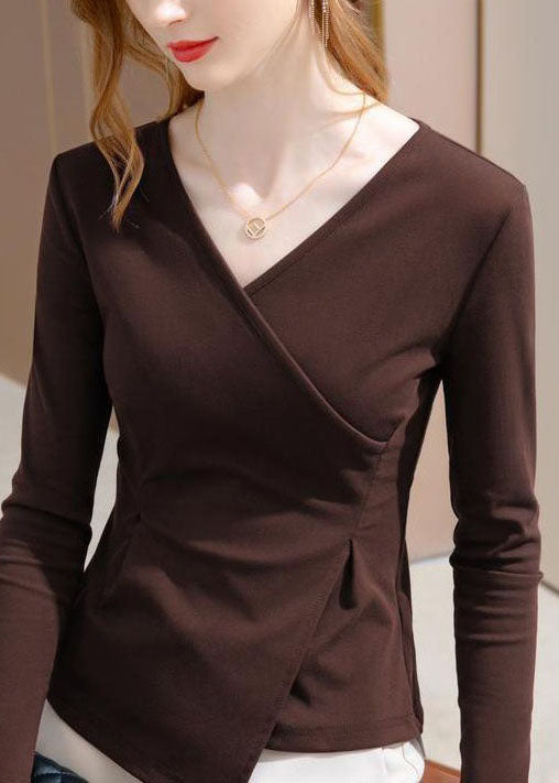 Coffee V Neck Asymmetrical Patchwork Cotton Tops Spring