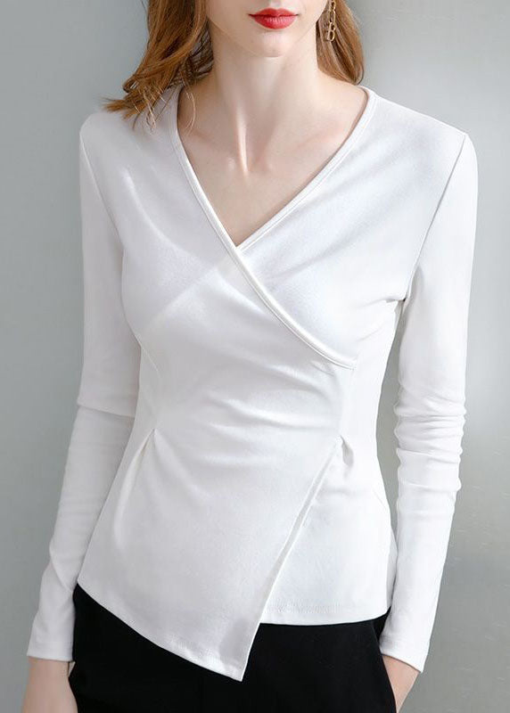 Coffee V Neck Asymmetrical Patchwork Cotton Tops Spring