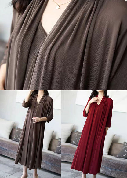 Coffee V Neck Patchwork False Two Pieces Silk Long Dress Spring