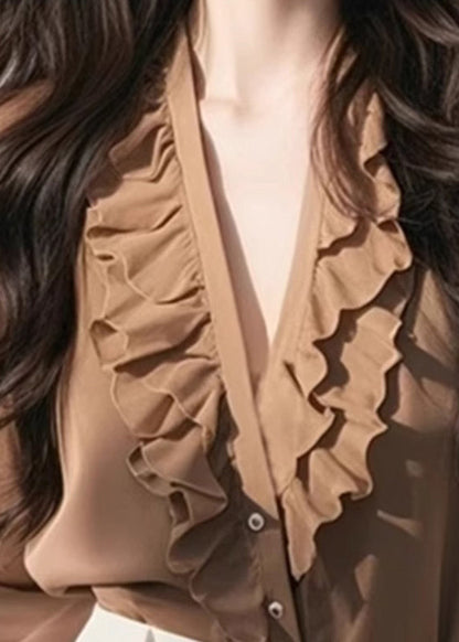 Chic Coffee V Neck Ruffled Solid Top Fall