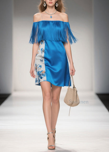 Cold Shoulder Print Tassel Silk Mid Dress Summer