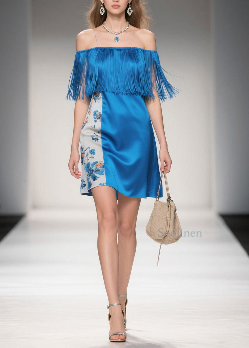 Cold Shoulder Print Tassel Silk Mid Dress Summer