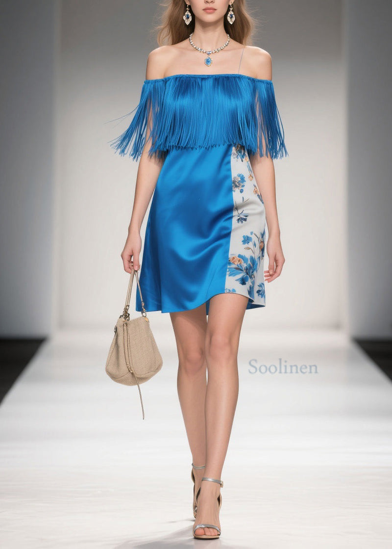 Cold Shoulder Print Tassel Silk Mid Dress Summer