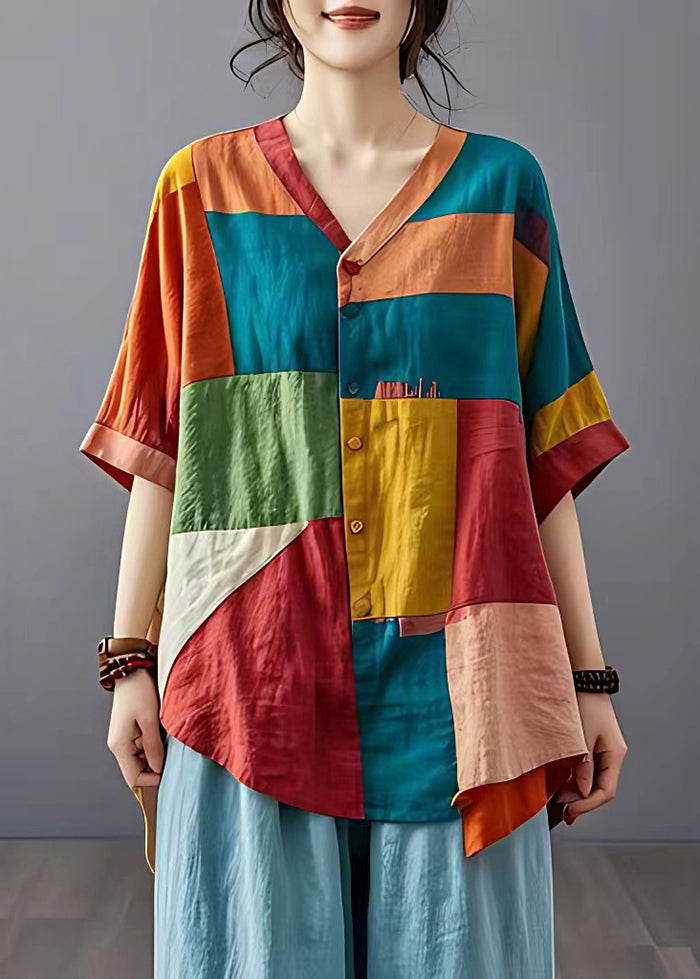 Colorblock Asymmetrical Patchwork Applique Linen Shirt Top Summer