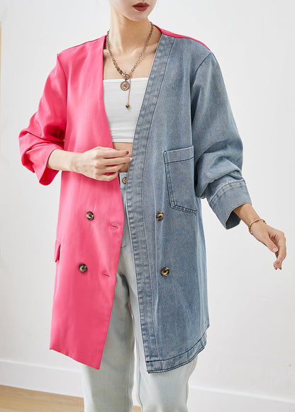 Colorblock Asymmetrical Patchwork Double Breast Cotton Coats Fall