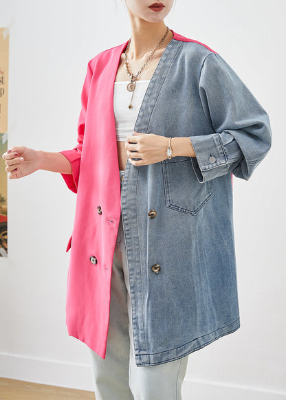 Colorblock Asymmetrical Patchwork Double Breast Cotton Coats Fall