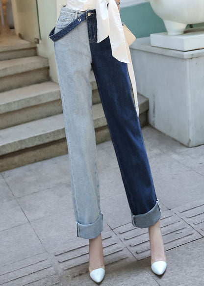 Colorblock Asymmetrical High Waist Denim Pants Spring