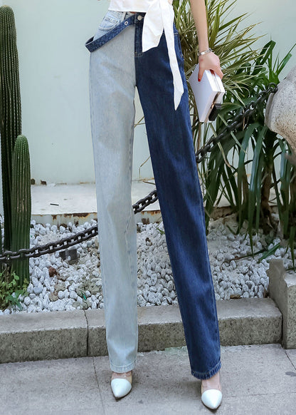 Colorblock Asymmetrical High Waist Denim Pants Spring