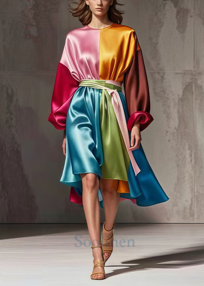 Colorblock Cinched Patchwork Silk Work Dress Spring