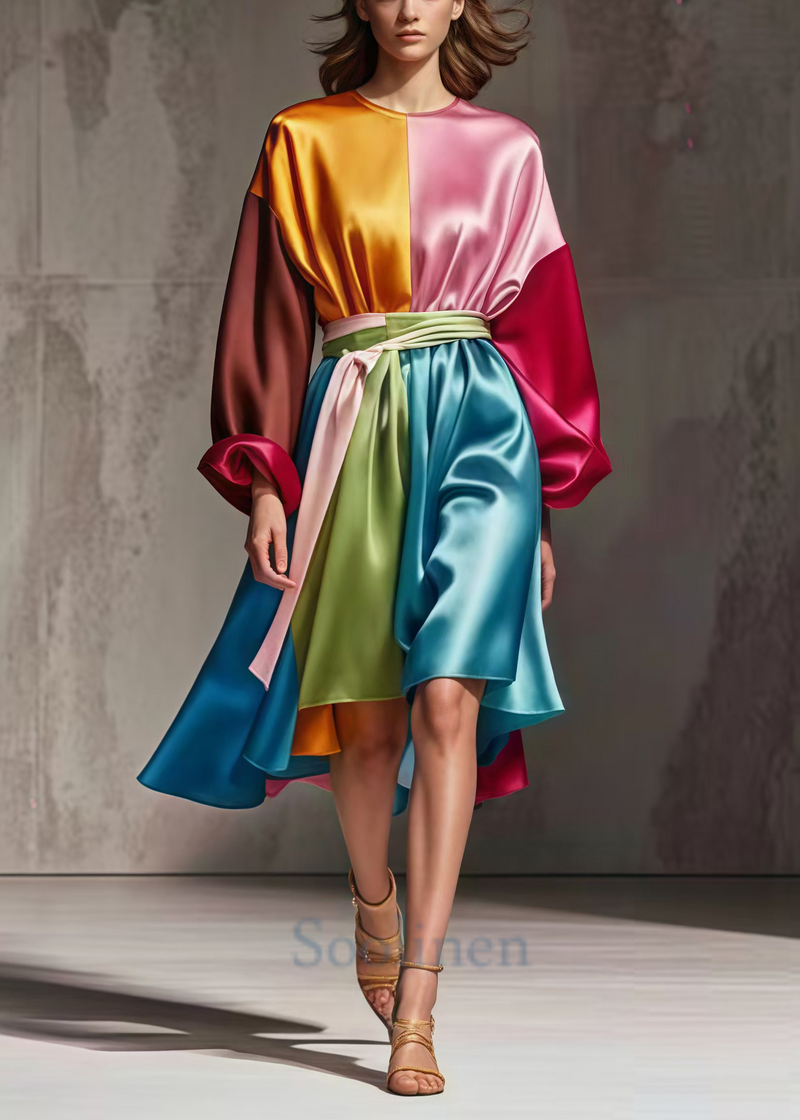 Colorblock Cinched Patchwork Silk Work Dress Spring