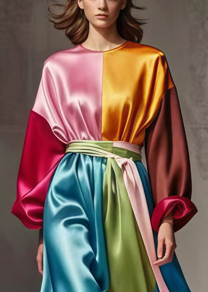 Colorblock Cinched Patchwork Silk Work Dress Spring