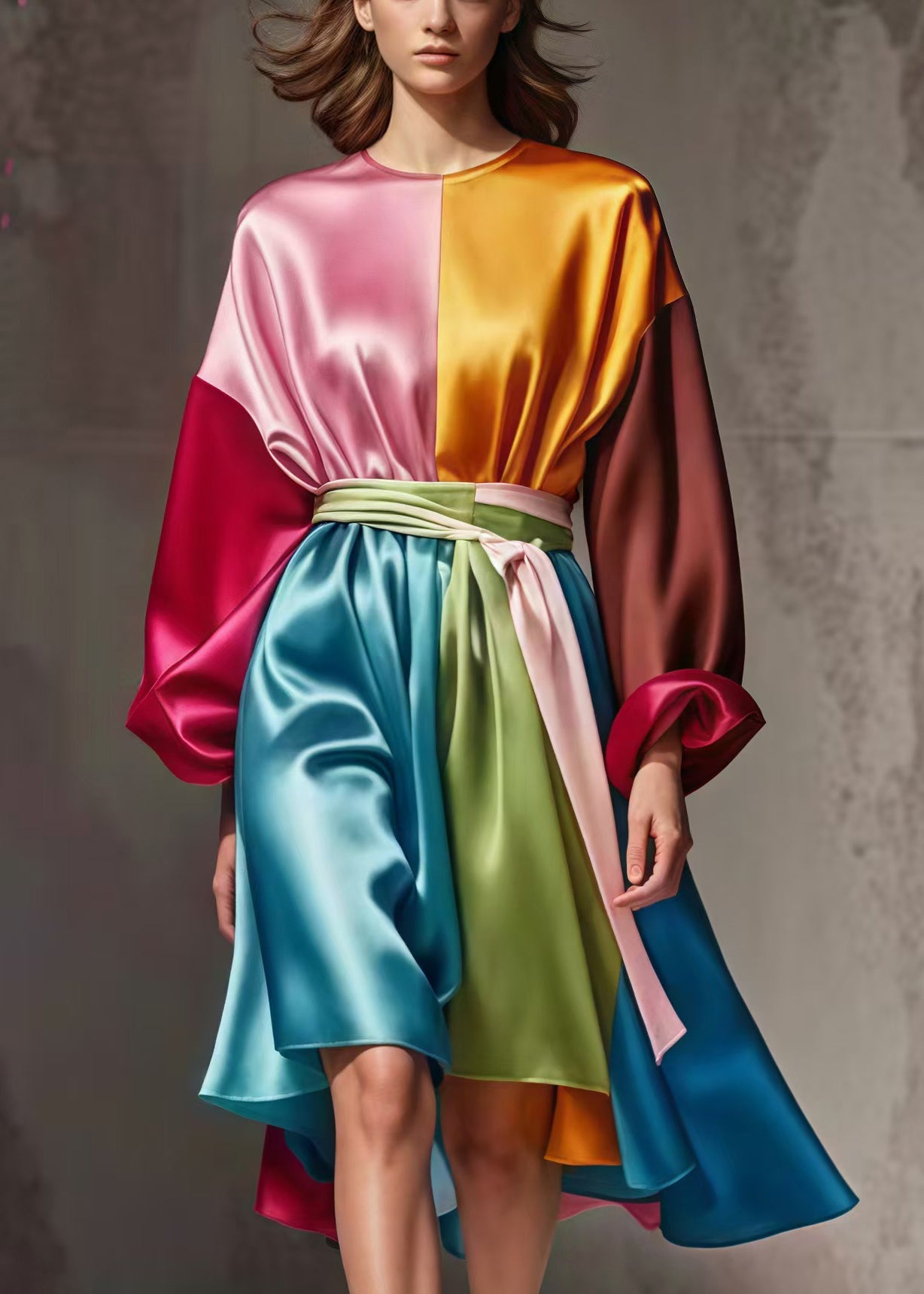 Colorblock Cinched Patchwork Silk Work Dress Spring