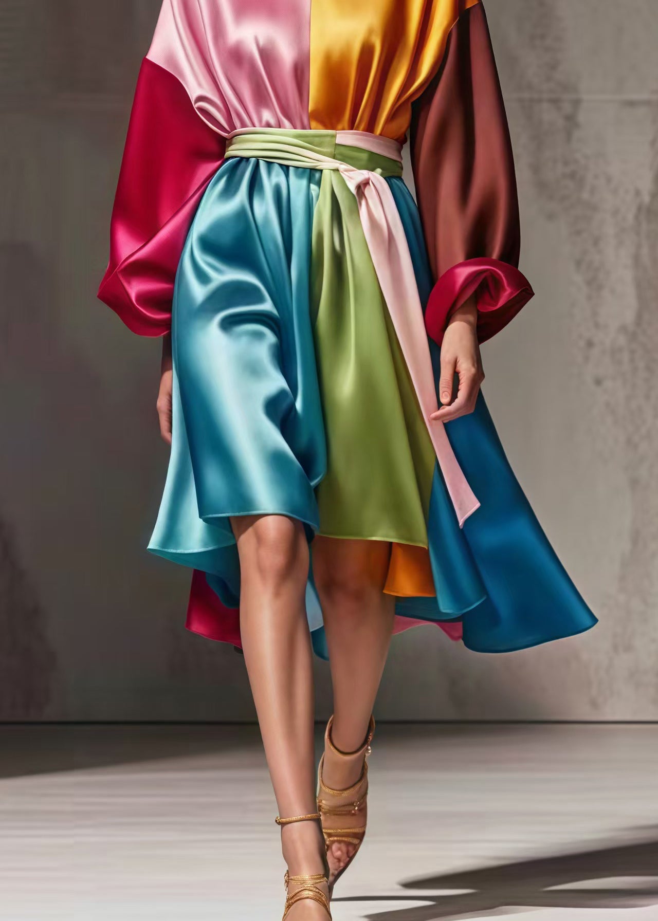 Colorblock Cinched Patchwork Silk Work Dress Spring