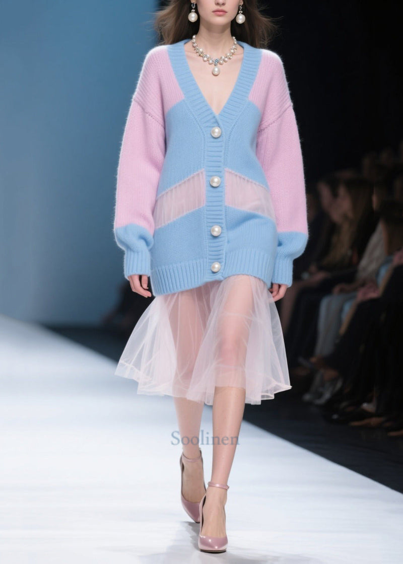 Colorblock Hollow Out Patchwork Tulle Knitwear Dress Fall