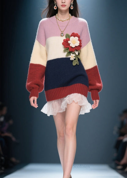 Colorblock O Neck Tulle Patchwork Knit Sweater Dress Fall